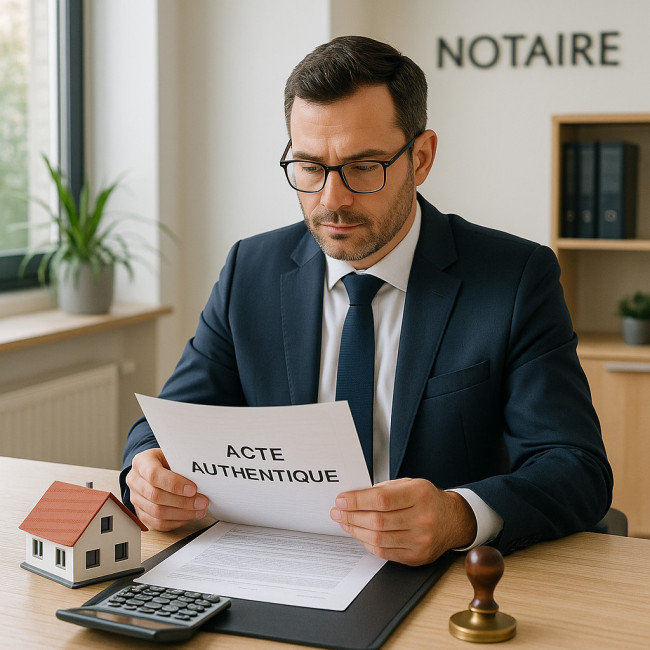 Bureau de notaire avec contrat, maison miniature et calculatrice