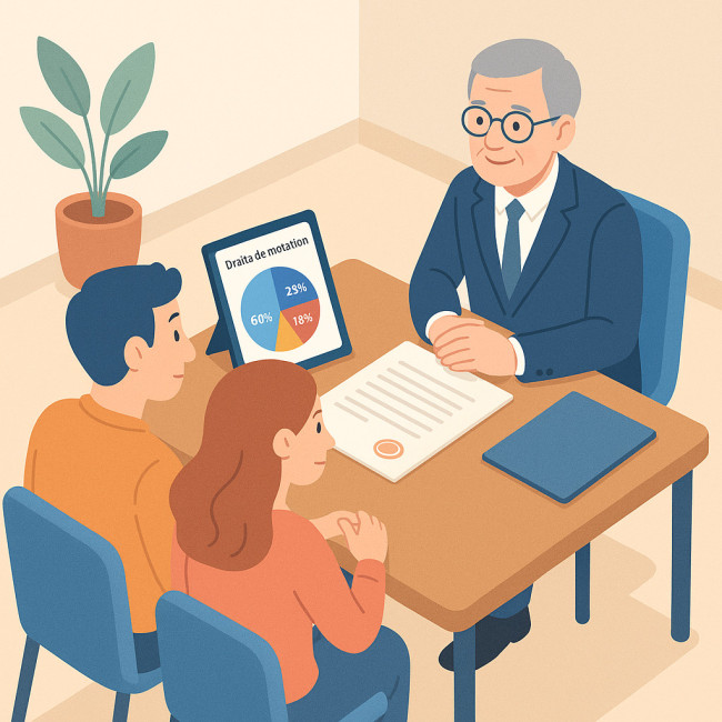 Illustration d'un couple et d'un notaire calculant les frais