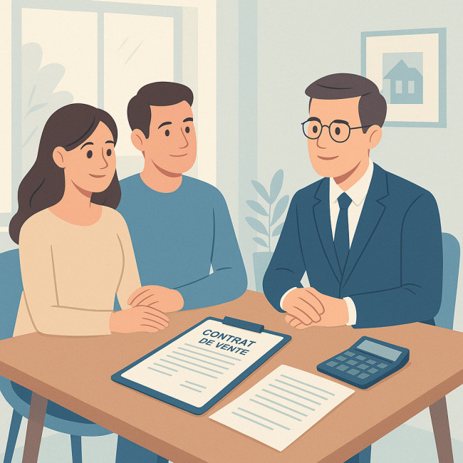 Couple calculant ses frais de notaire avec un notaire