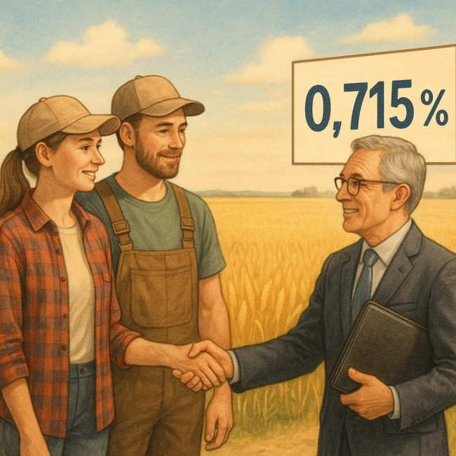 Jeunes agriculteurs et notaire devant un champ avec le taux 0,715 %