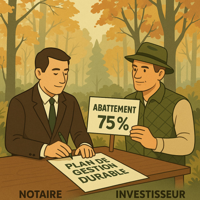 Signature d'un plan de gestion durable indiquant un abattement de 75 % dans une forêt