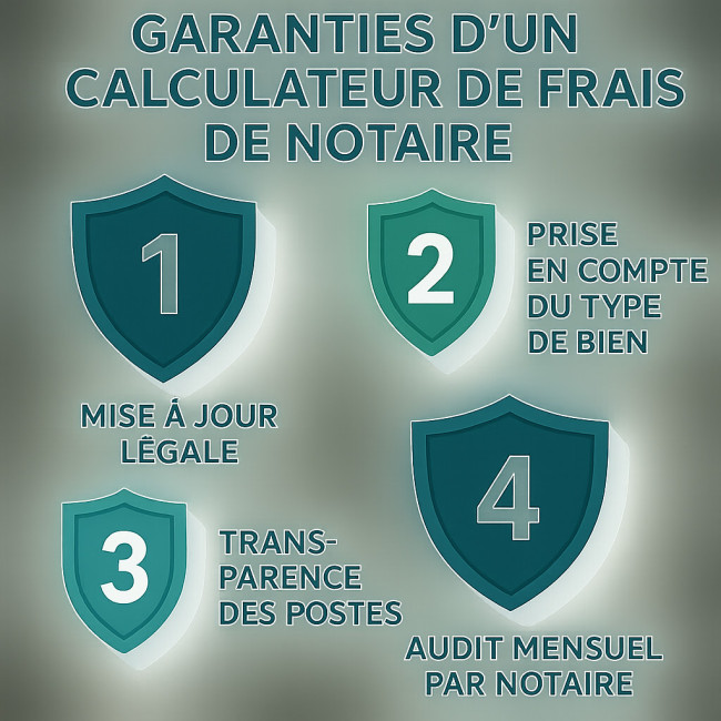 Infographie illustrant les garanties de fiabilité d'un calculateur de frais de notaire
