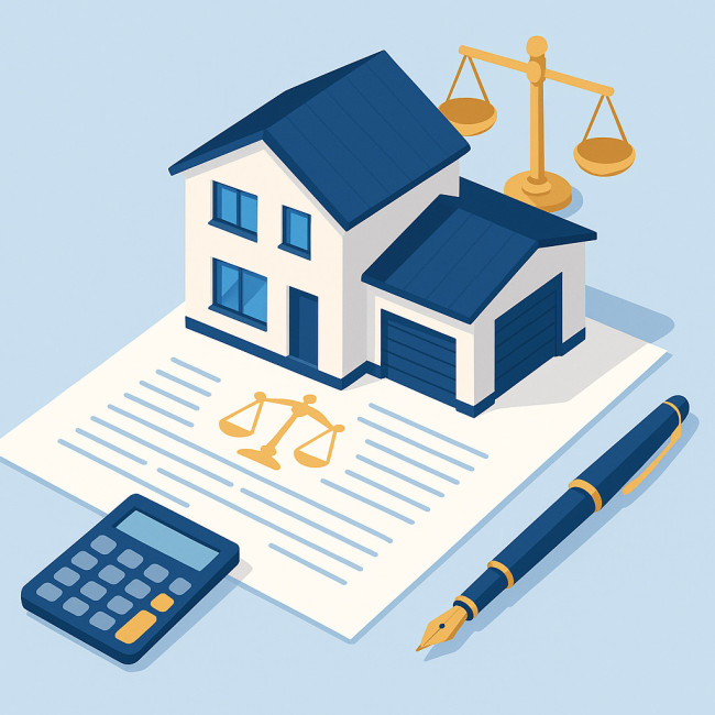 Illustration d'une maison neuve sur des documents de notaire